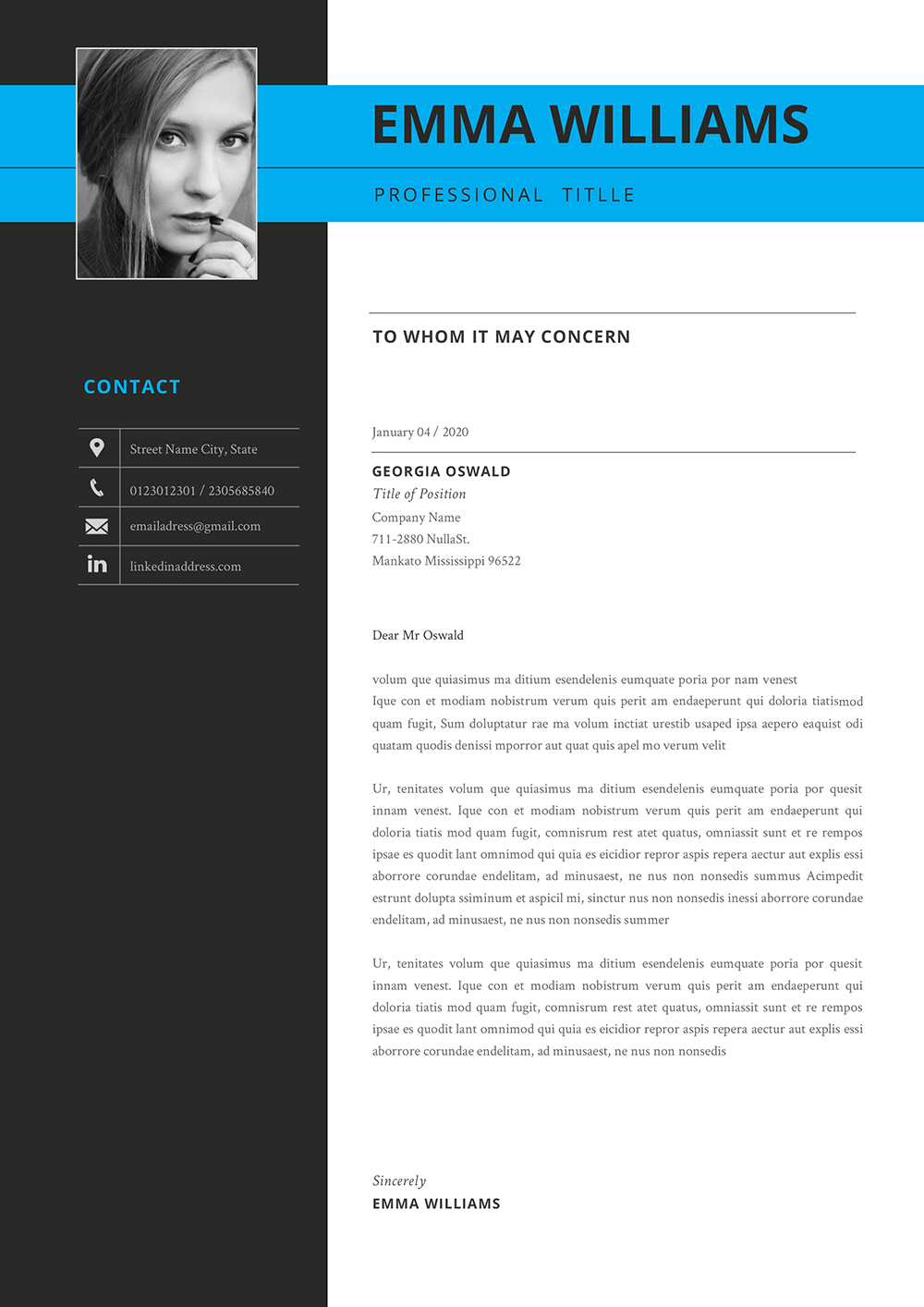 Creative Cover Letter Template Two Column in Word Format